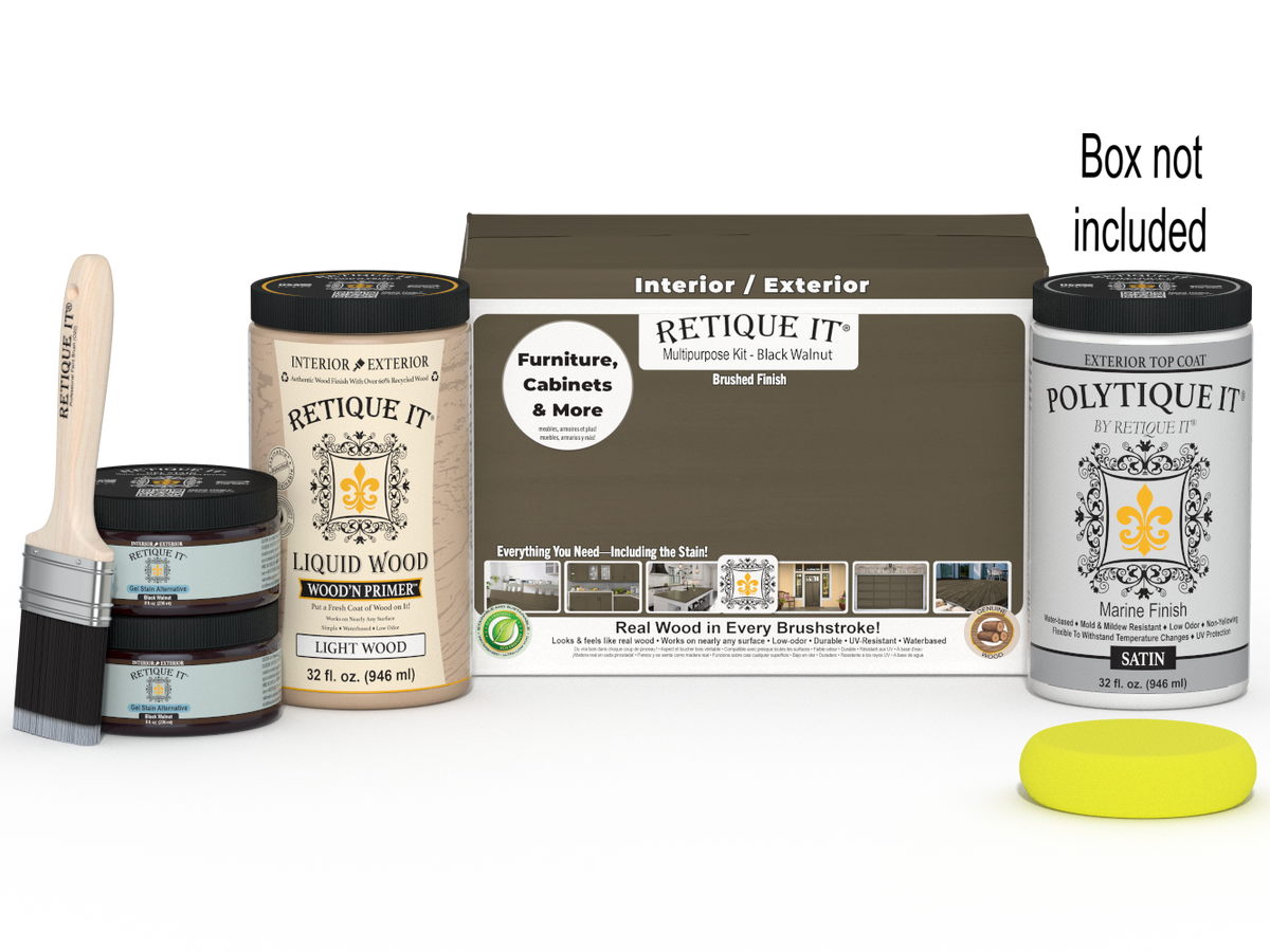 Large Black Walnut Wood'n Finish Kit by Retique It with exterior top coat for multi-purpose wood finishing projects.