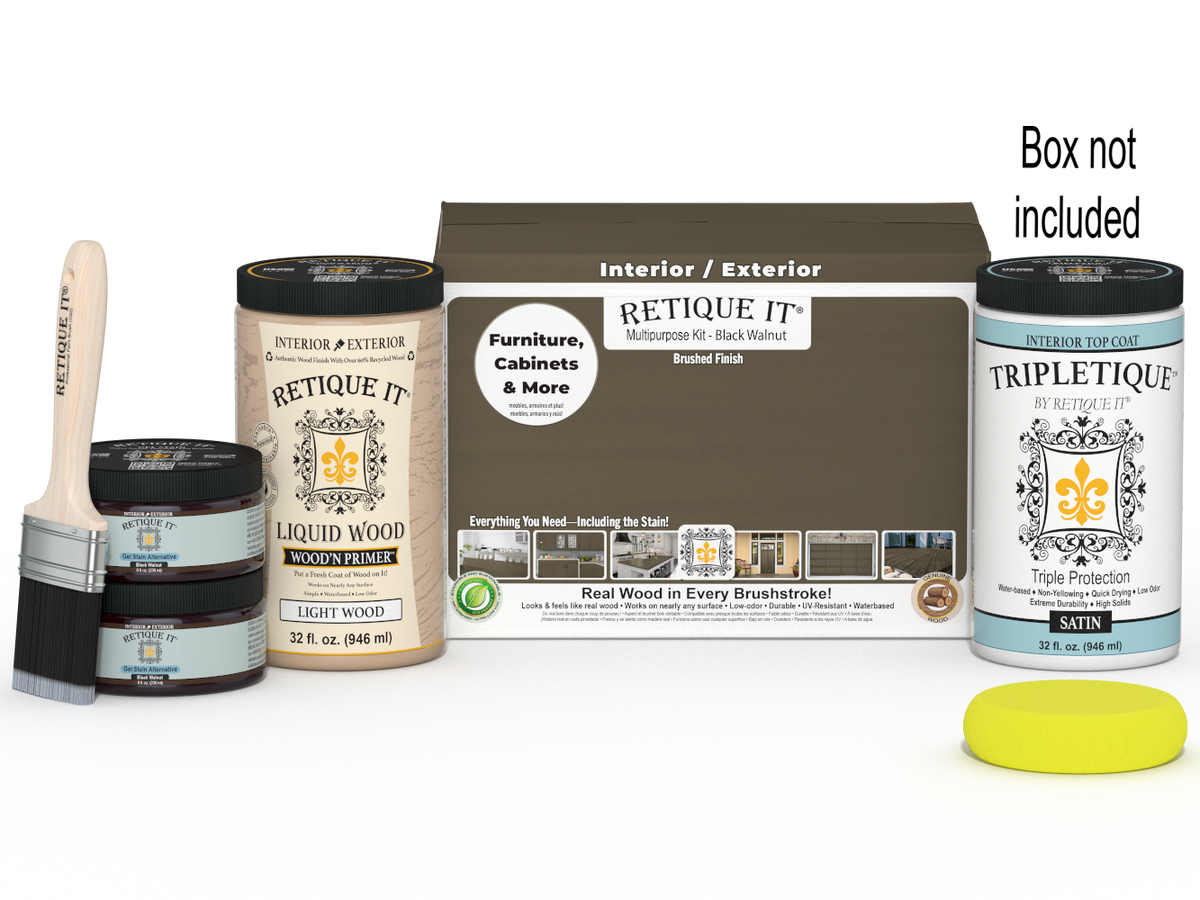 Retique It Multi-purpose Smooth Finish Kit in Black Walnut for interior wood projects, includes top coat and application tools.