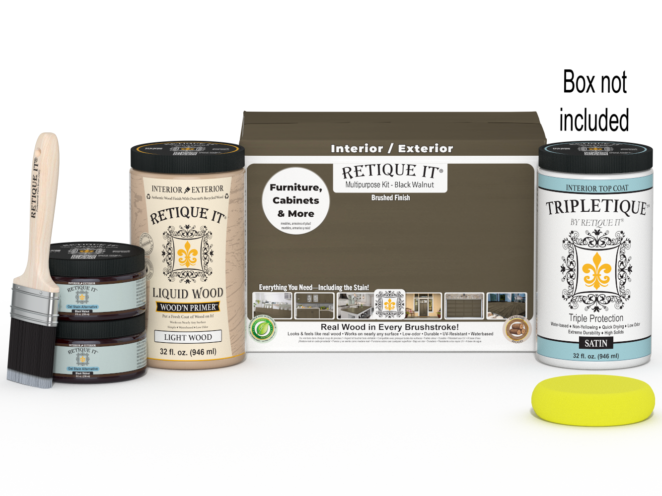 Retique It® Large Multi-purpose Smooth Finish Kit in Black Walnut for interior top coat with satin sheen, includes wood finish tools.