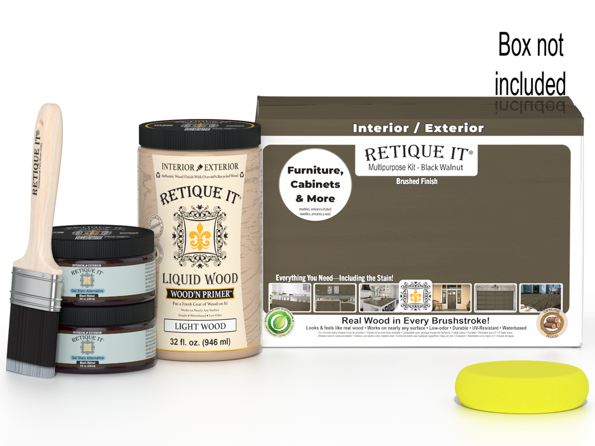 Large black walnut wood finish kit by Retique It® with smooth finish, includes applicator tools and wood stain components.