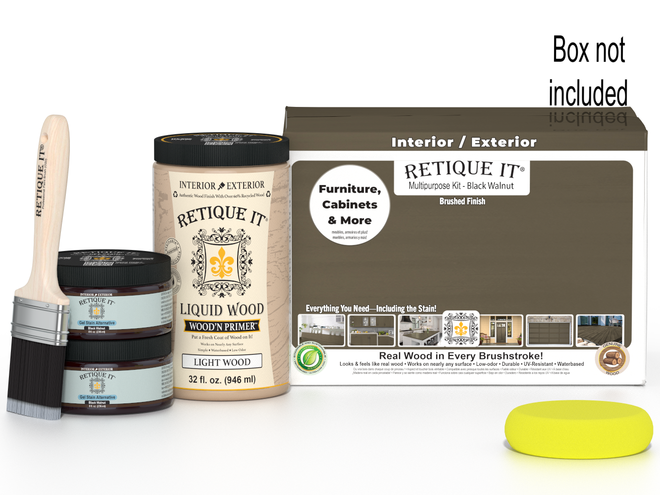 Large black walnut wood finish kit by Retique It® with smooth finish, includes applicator tools and wood stain components.