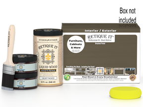 Large black walnut wood finish kit by Retique It® with smooth finish, includes applicator tools and wood stain components.