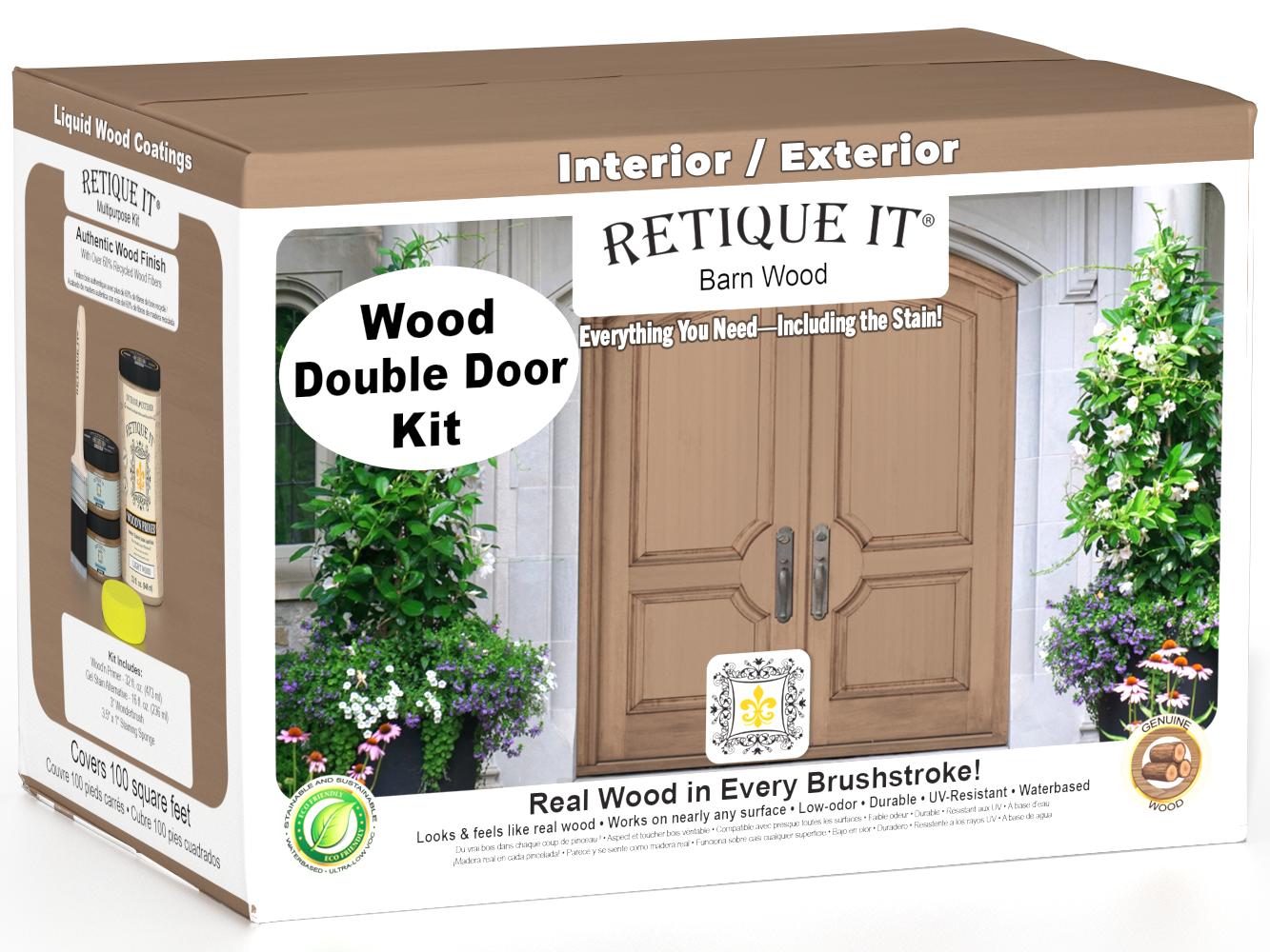 Retique It Wood'n Door smooth finish kit for double barn wood doors, showing a natural wood stain and finish on a double door.