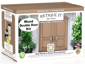 Retique It Wood'n Door smooth finish kit for double barn wood doors, showing a natural wood stain and finish on a double door.