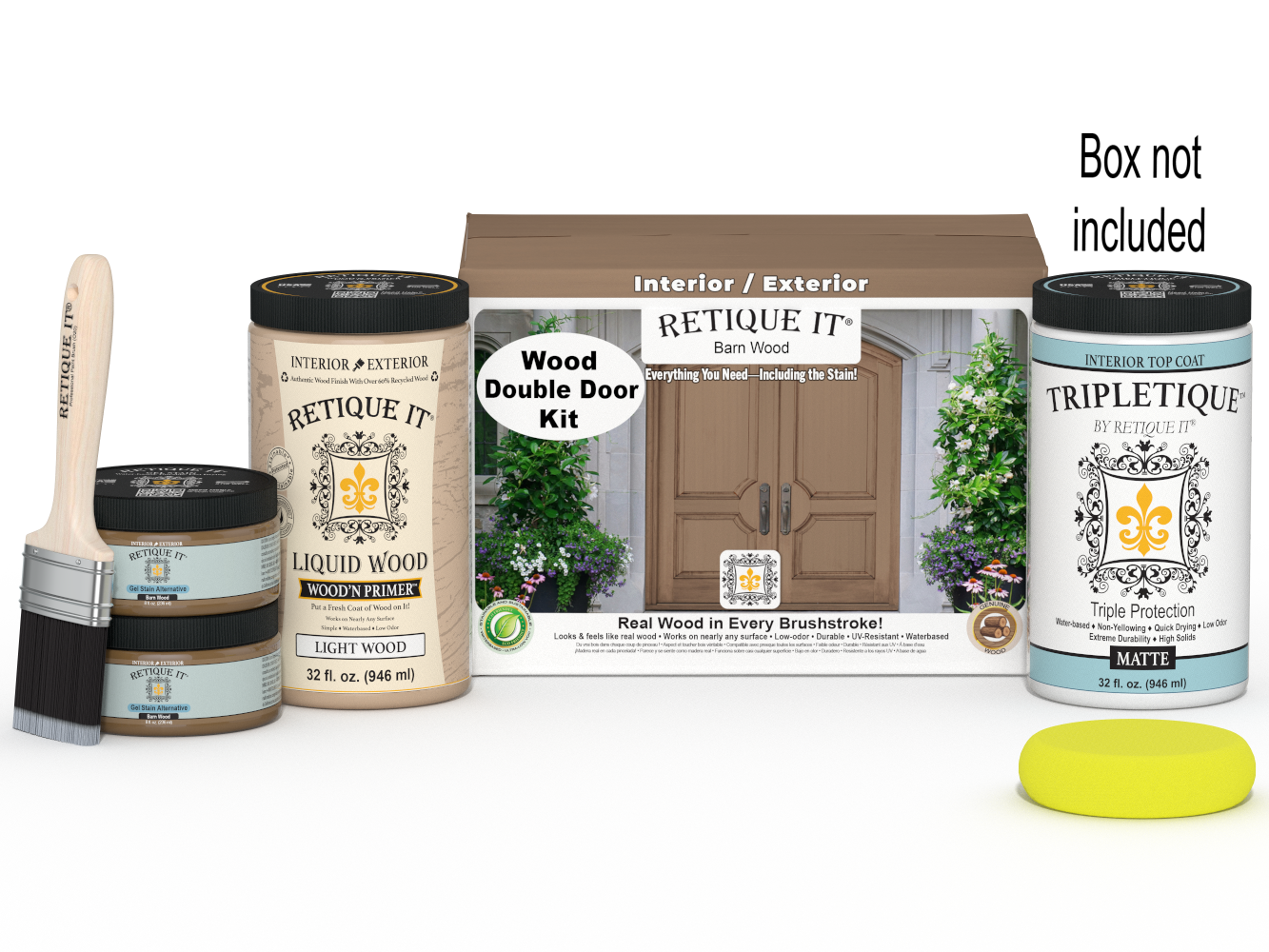 Retique It Wood'n Door Smooth Finish Kit for double barn wood doors, featuring stain application tools and wood grain appearance.
