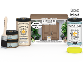 Retique It Wood'n Door Smooth Finish Kit for double barn wood doors, featuring stain application tools and wood grain appearance.