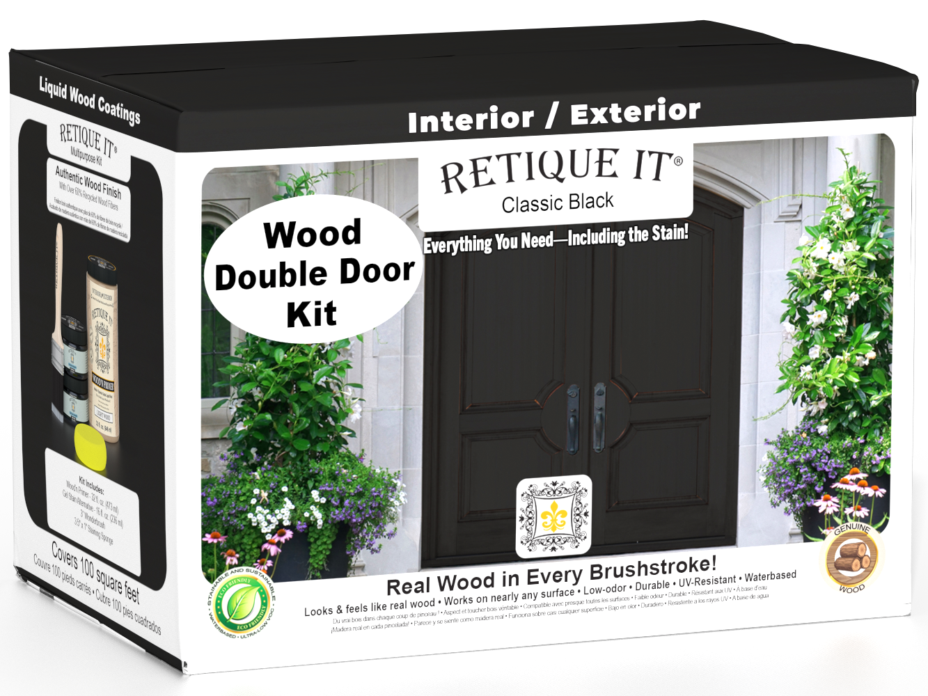 Retique It Wood'n Door smooth finish kit for double doors in classic black, showing the stain application on a wooden door.