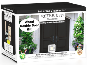 Retique It Wood'n Door smooth finish kit for double doors in classic black, showing the stain application on a wooden door.