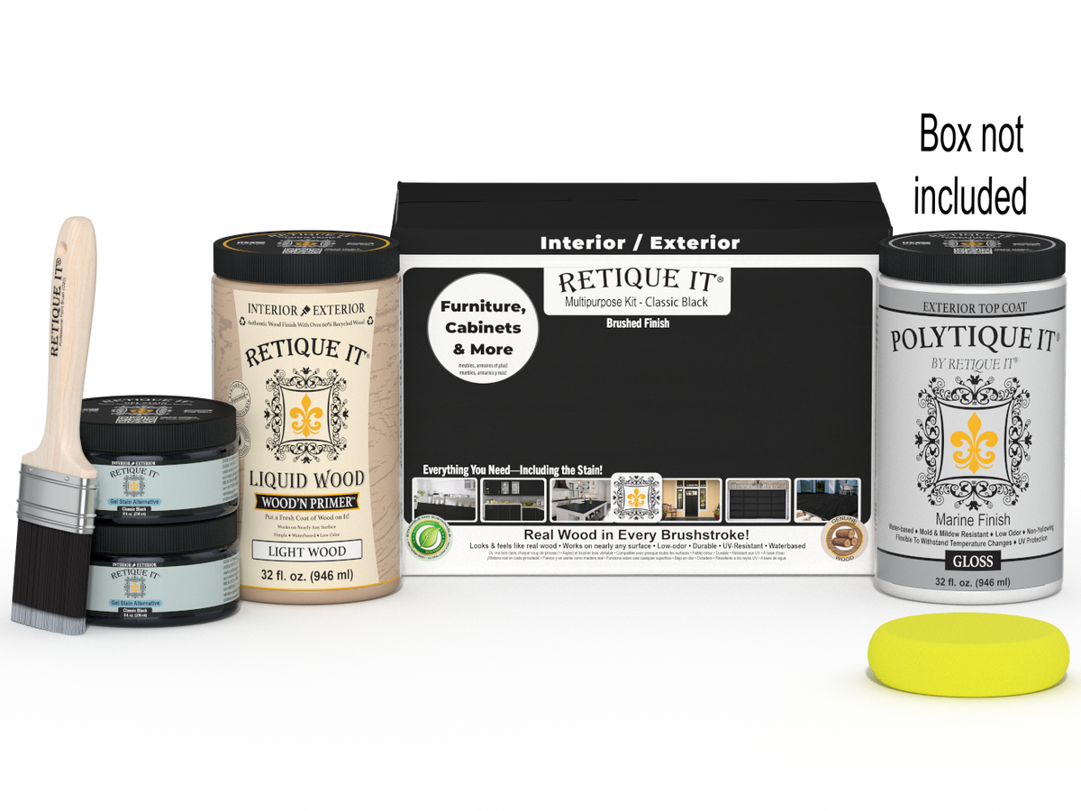Retique It large black wood finish kit with smooth exterior top coat in gloss, includes application tools and instructions.