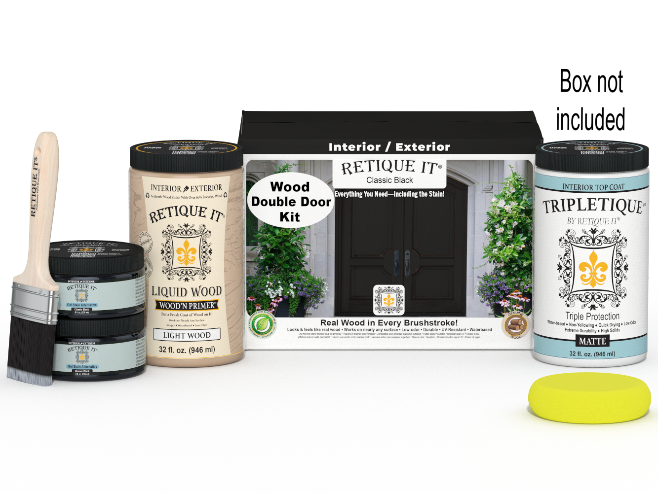 Retique It Wood'n Door smooth finish kit for double doors in classic black, featuring stain options and application tools.