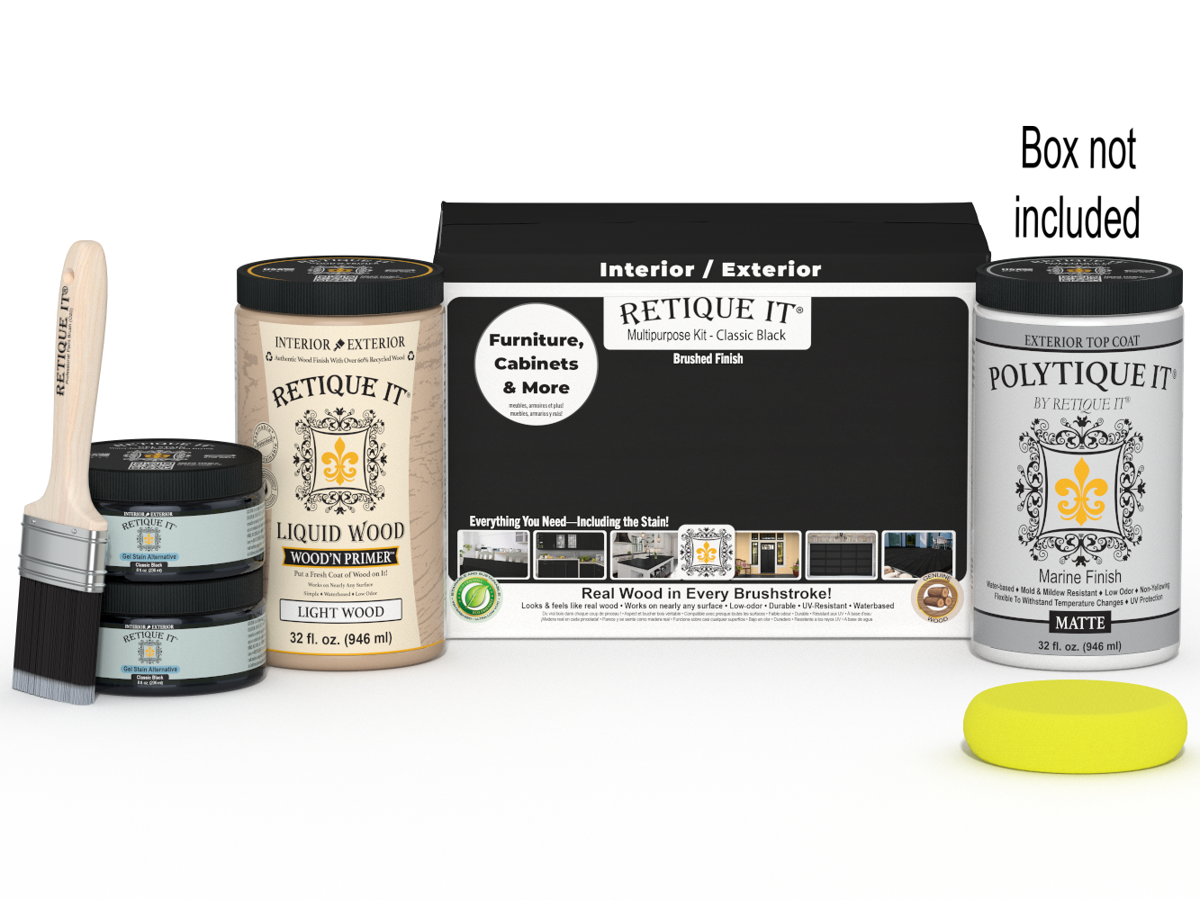 Large black wood finish kit with exterior top coat, matte smooth finish, from Retique It® Wood'n Finish Kits, includes application tools.