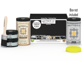Large black wood finish kit with exterior top coat, matte smooth finish, from Retique It® Wood'n Finish Kits, includes application tools.