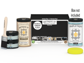 Large black wood finish kit from Retique It® with interior top coat in gloss, including tools and supplies in the box.
