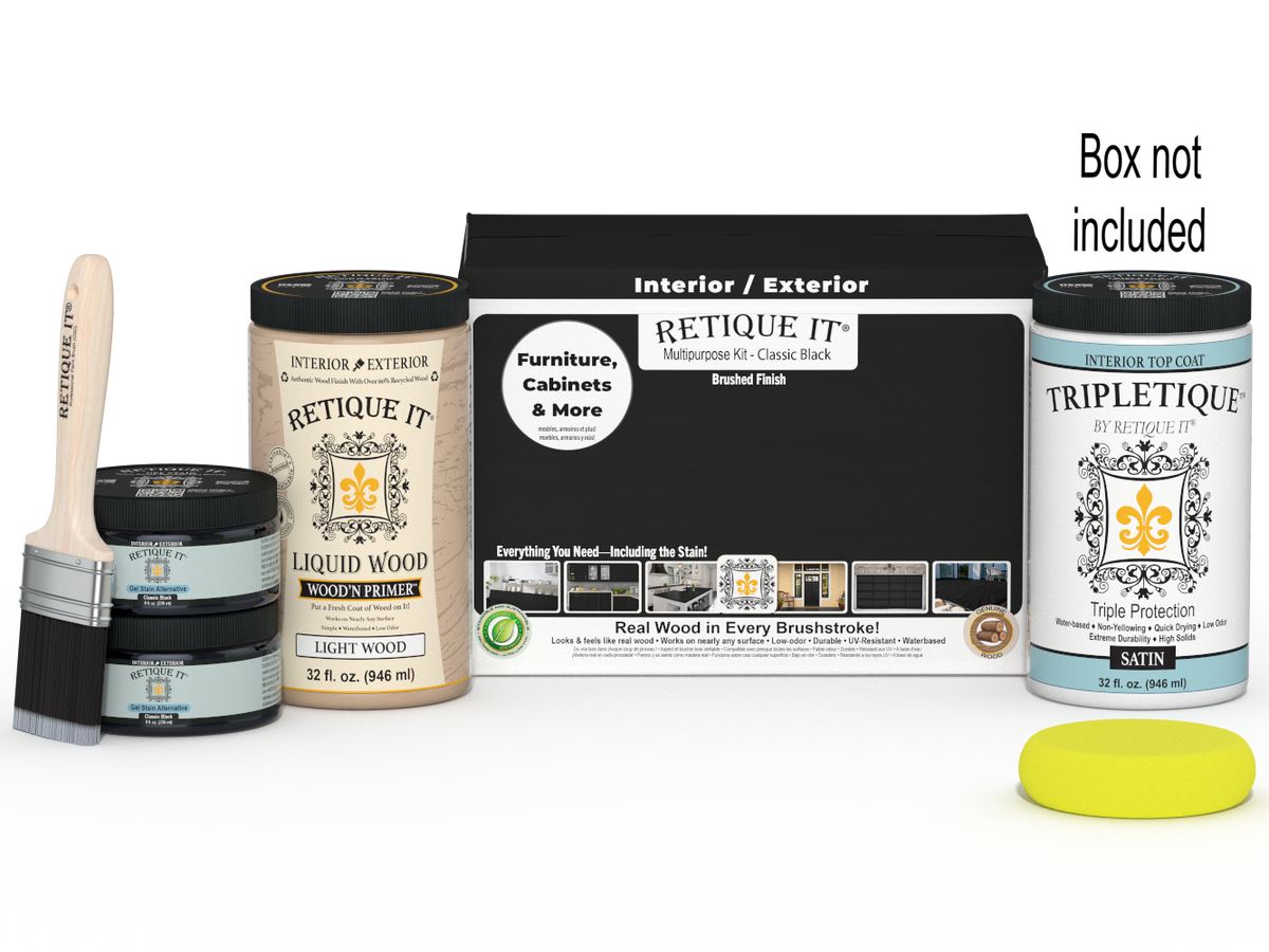 Large Classic Black wood finish kit by Retique It for interior top coat, includes tools and supplies for smooth application.