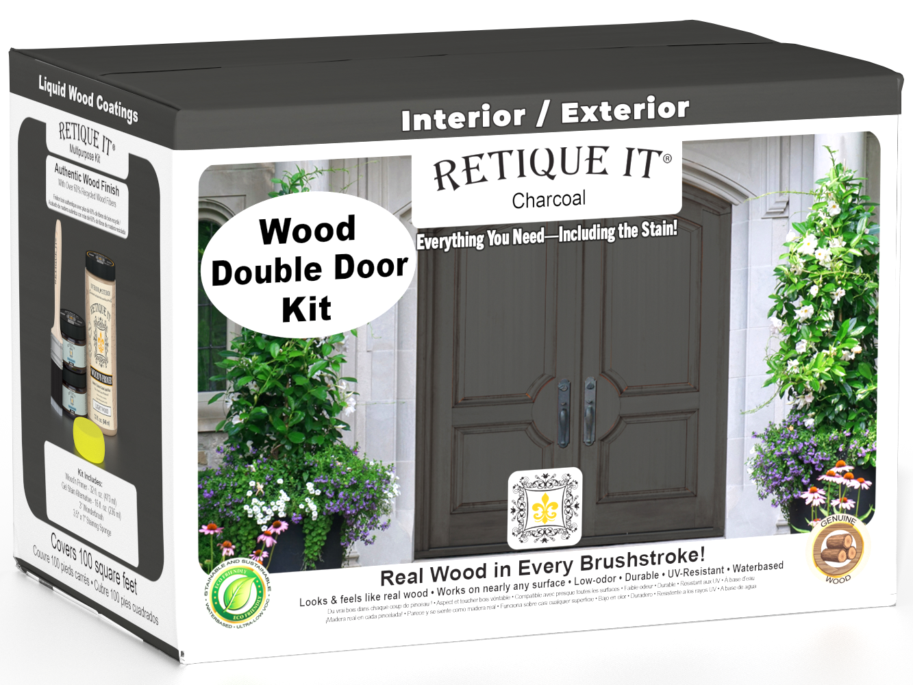 Retique It Wood'n Door charcoal stain kit for double doors, featuring smooth finish and easy application, ideal for home renovation.