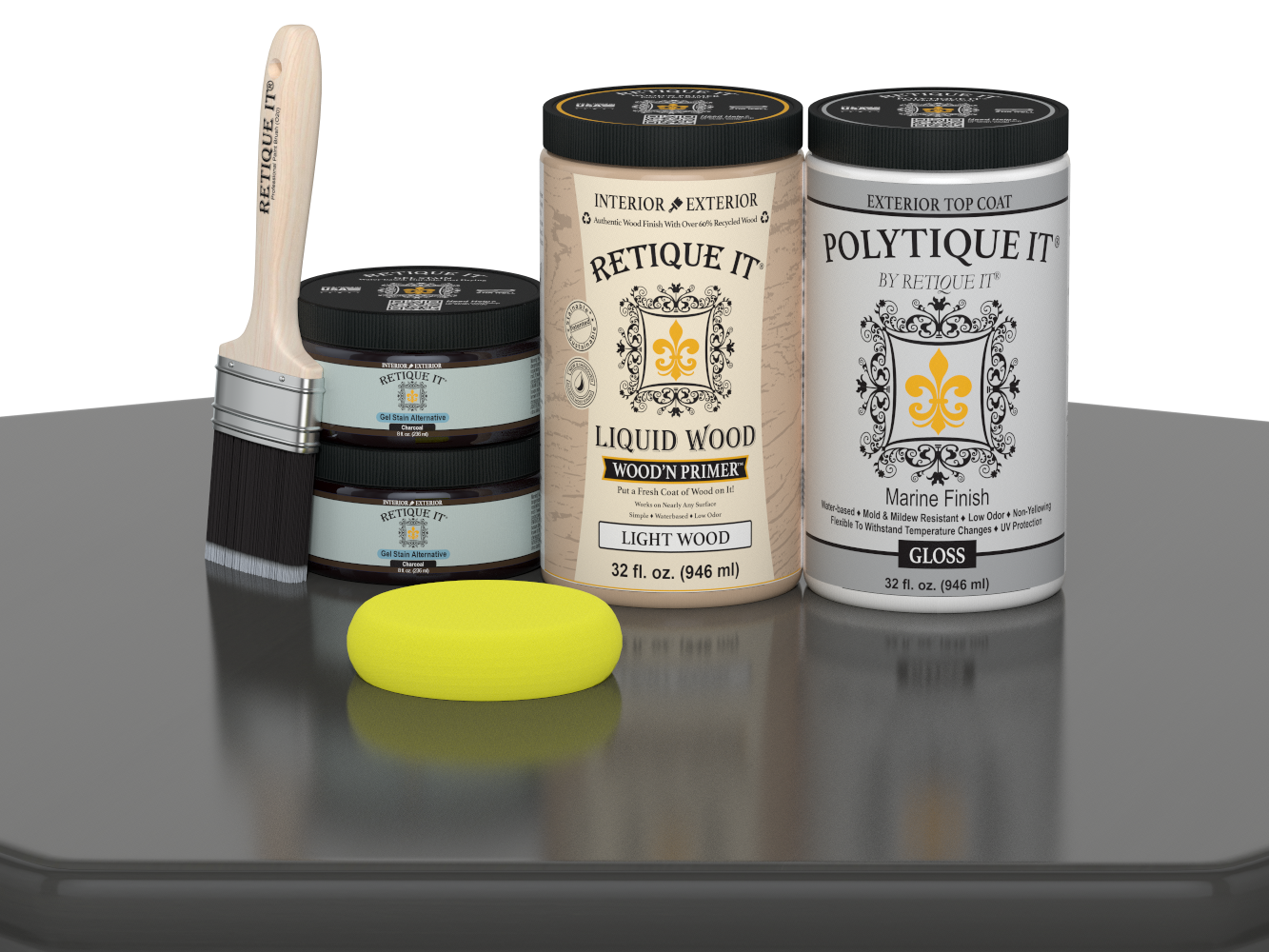 Retique It Wood'n Door smooth finish kit for double doors in charcoal stain, featuring a glossy wood stain product image.