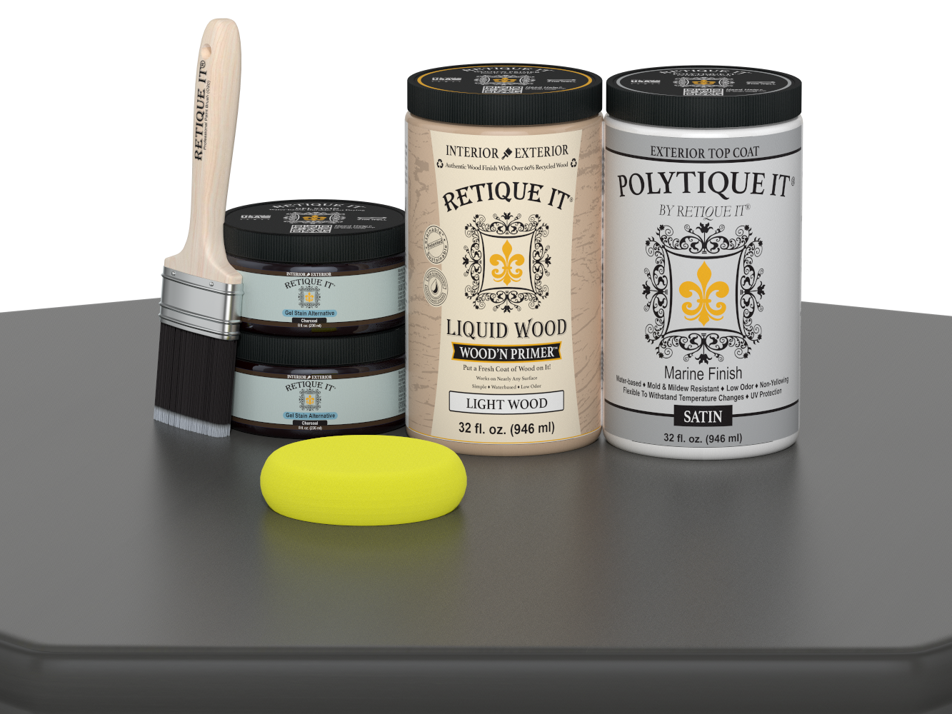 Retique It Wood'n Door smooth finish kit for double doors in charcoal, featuring stain application tools and satin finish.