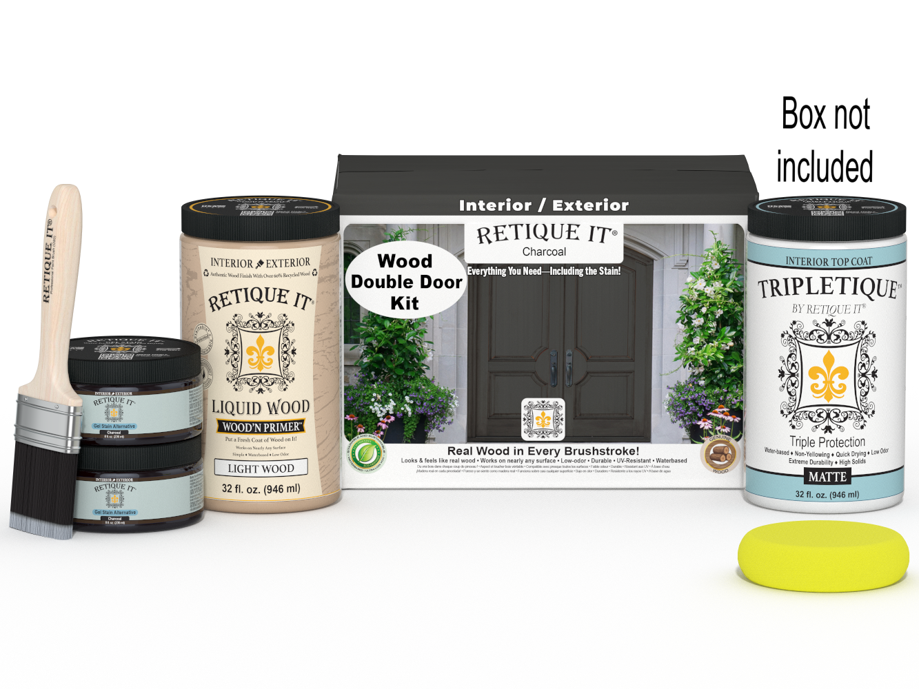 Retique It Wood'n Door smooth finish kit for double doors in charcoal stain, includes tools and materials for a sleek, modern look.