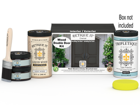 Retique It Wood'n Door smooth finish kit for double doors in charcoal stain, includes tools and materials for a sleek, modern look.
