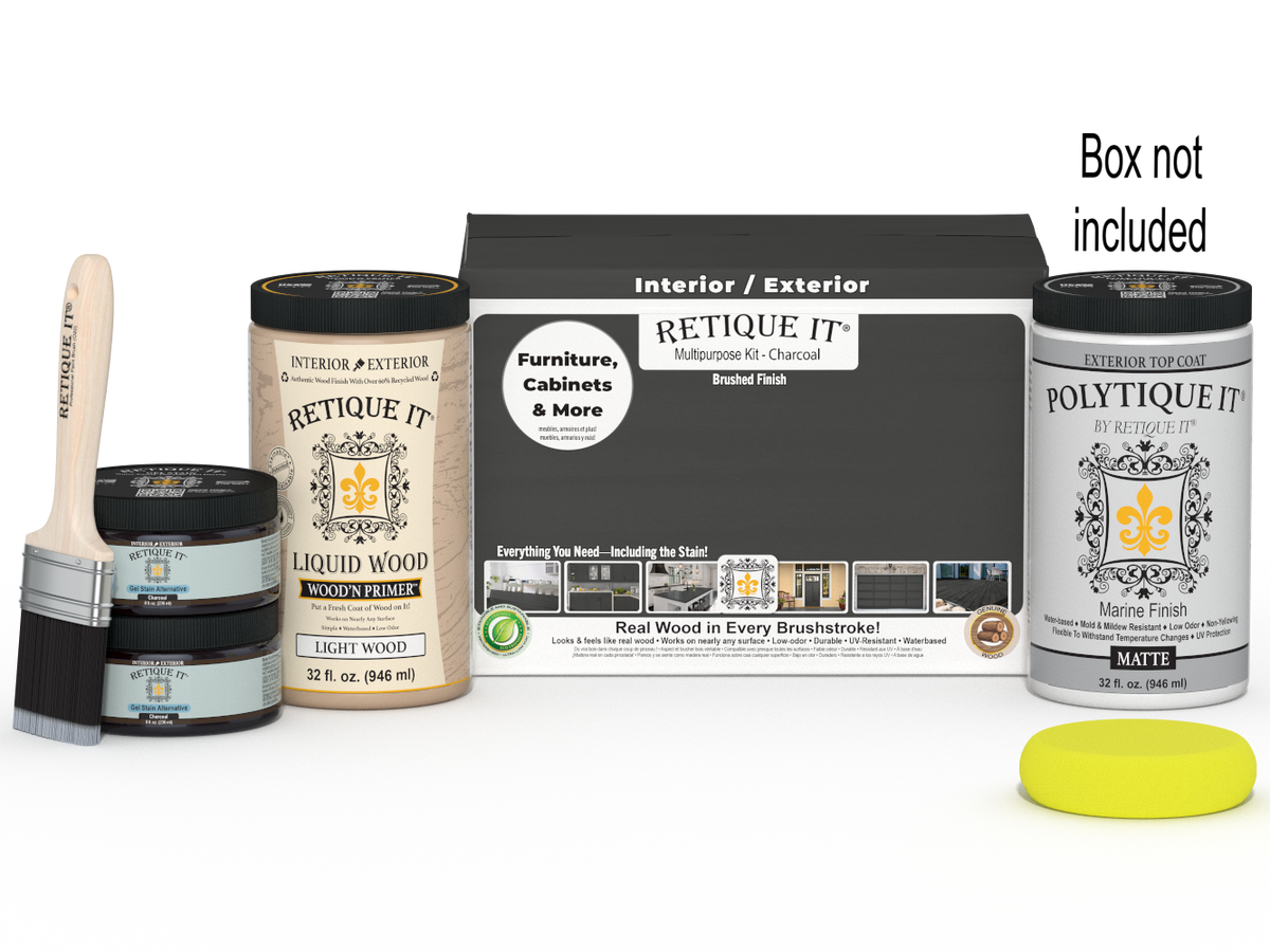 Large Charcoal wood finish kit by Retique It® with exterior top coat in a smooth, matte finish, including brushes and application tools.