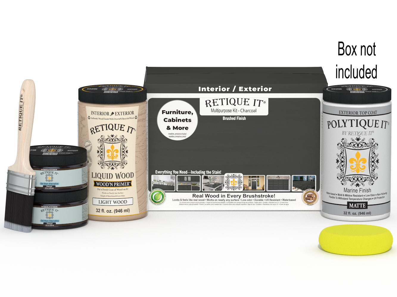 Large Charcoal wood finish kit by Retique It® with exterior top coat in a smooth, matte finish, including brushes and application tools.