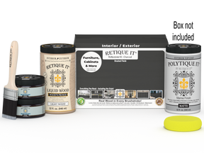 Large Charcoal wood finish kit by Retique It® with exterior top coat in a smooth, matte finish, including brushes and application tools.