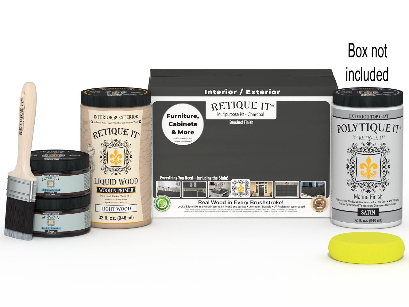 Large Charcoal Multi-purpose Smooth Finish Kit by Retique It® with exterior top coat in satin finish, including brushes and tools.