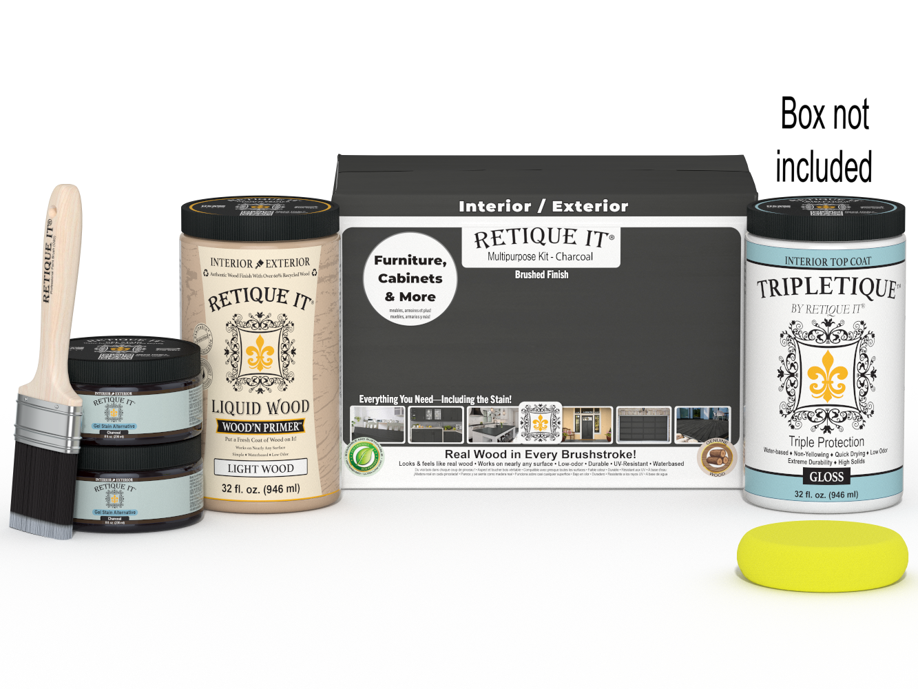 Large charcoal wood finish kit by Retique It® with interior top coat, gloss, and tools for smooth wood finishing.