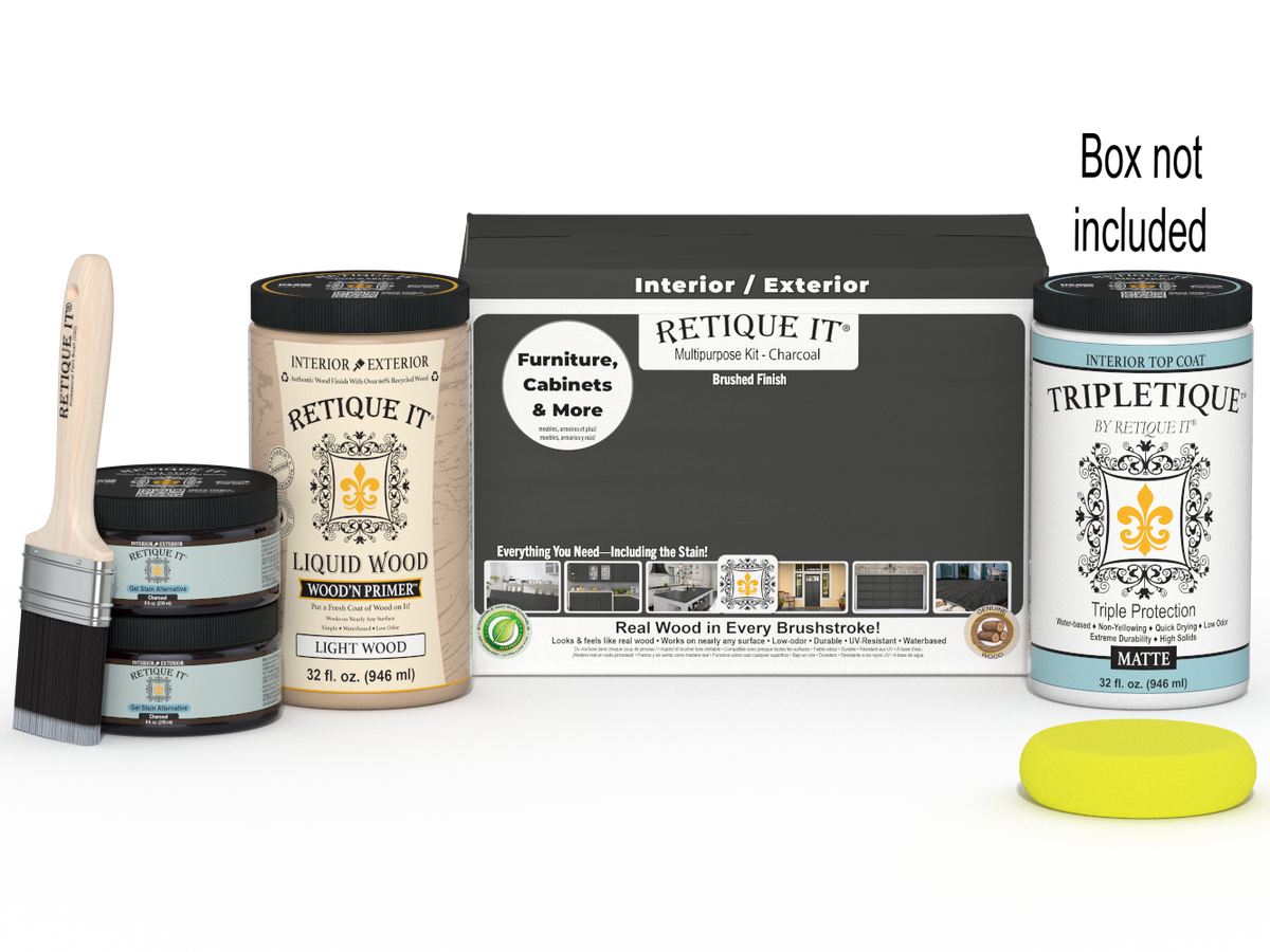 Large charcoal interior wood finish kit with smooth matte top coat by Retique It®, including brushes and accessories in the box.