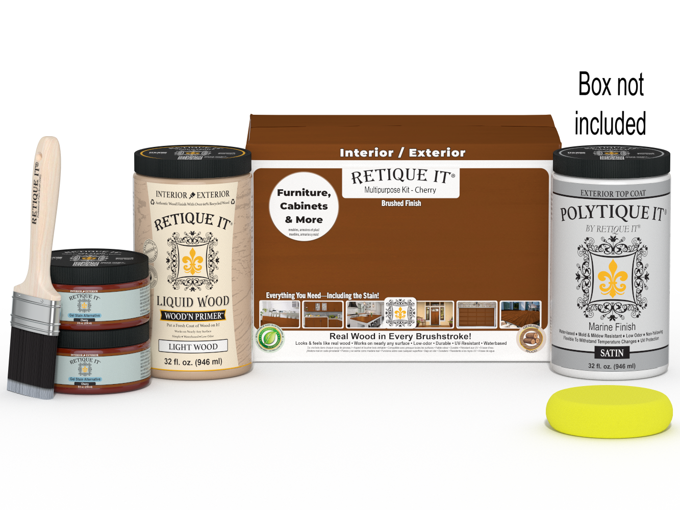 Large Cherry exterior wood finish kit from Retique It with smooth finish, including top coat and application tools.