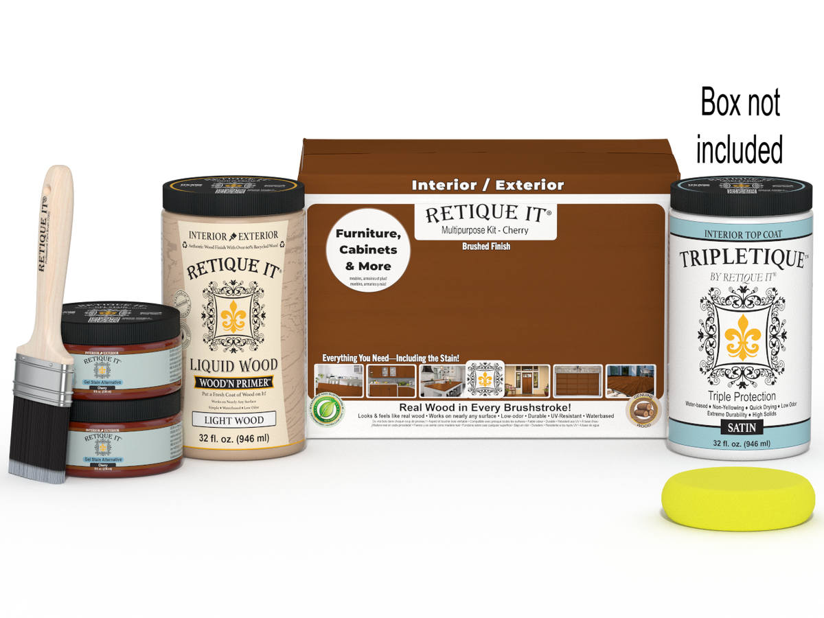 Large Cherry wood finish kit by Retique It with interior top coat and smooth finish in a box for multi-purpose use.