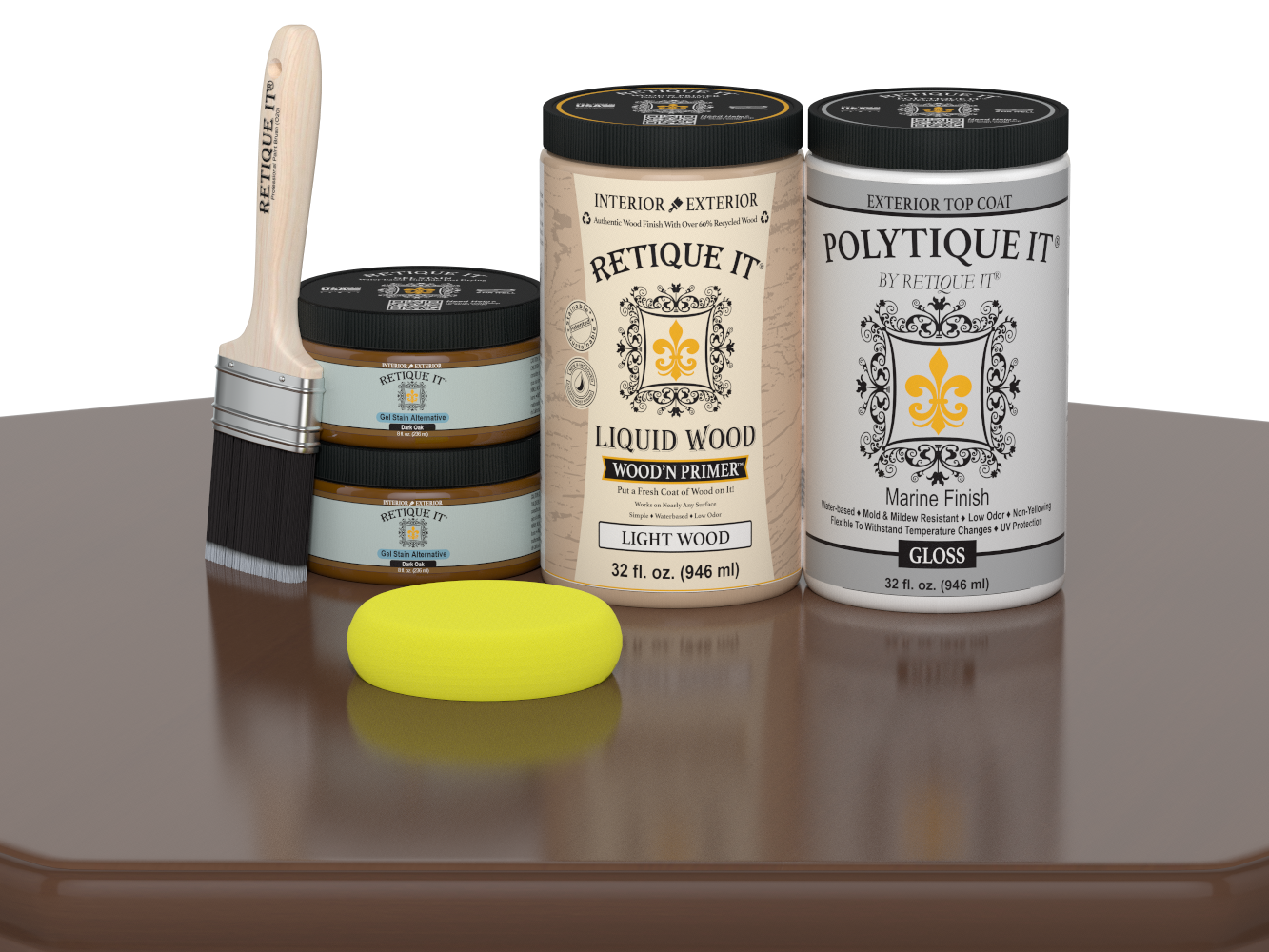 Retique It Wood'n Door Smooth Finish Kit for double doors in dark oak stain, includes gloss finish table for wood door enhancement.