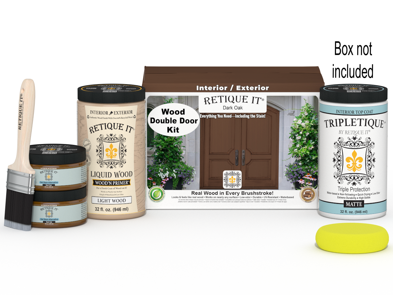 Retique It Wood'n Door dark oak stain kit for double doors, featuring smooth finish and application tools, ideal for interior door updates.