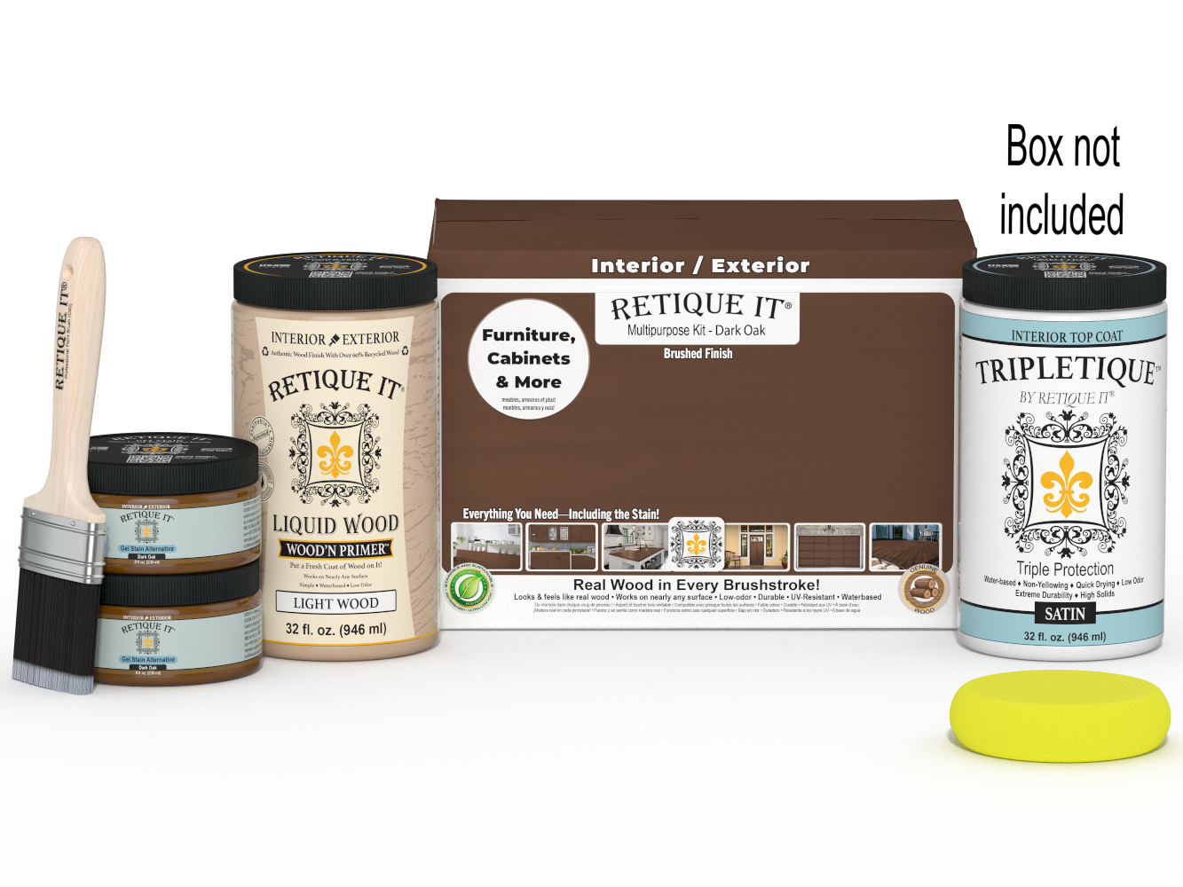 Retique It® Large Dark Oak satin wood finish kit with interior top coat and multiple tools, designed for smooth wood refinishing.