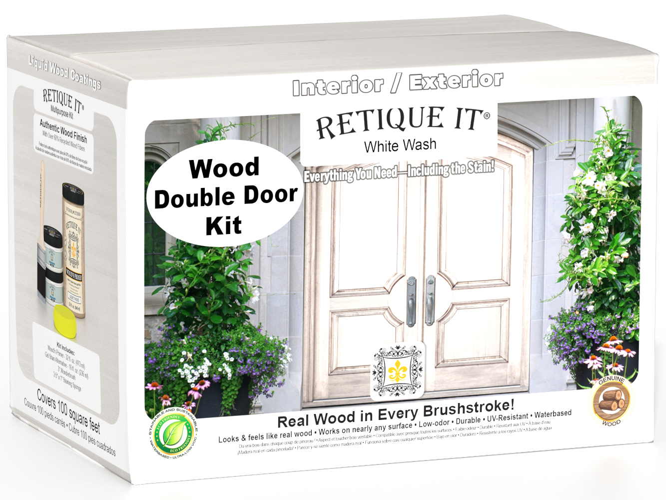 Retique It Wood'n Door smooth finish kit for double doors in white wash stain, showcasing a double door with a sleek, white-washed wood appearance.