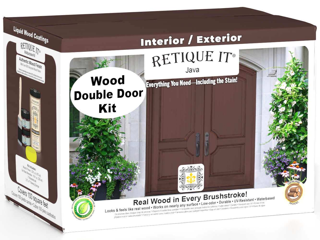 Retique It Wood'n Door smooth finish kit for double Java stained doors, showing application tools and finished wood surface.