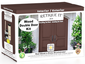 Retique It Wood'n Door smooth finish kit for double Java stained doors, showing application tools and finished wood surface.