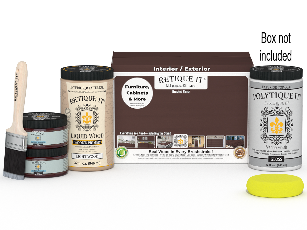 Retique It large Java Multi-purpose Smooth Finish Kit with exterior top coat in gloss, designed for wood finishing projects.