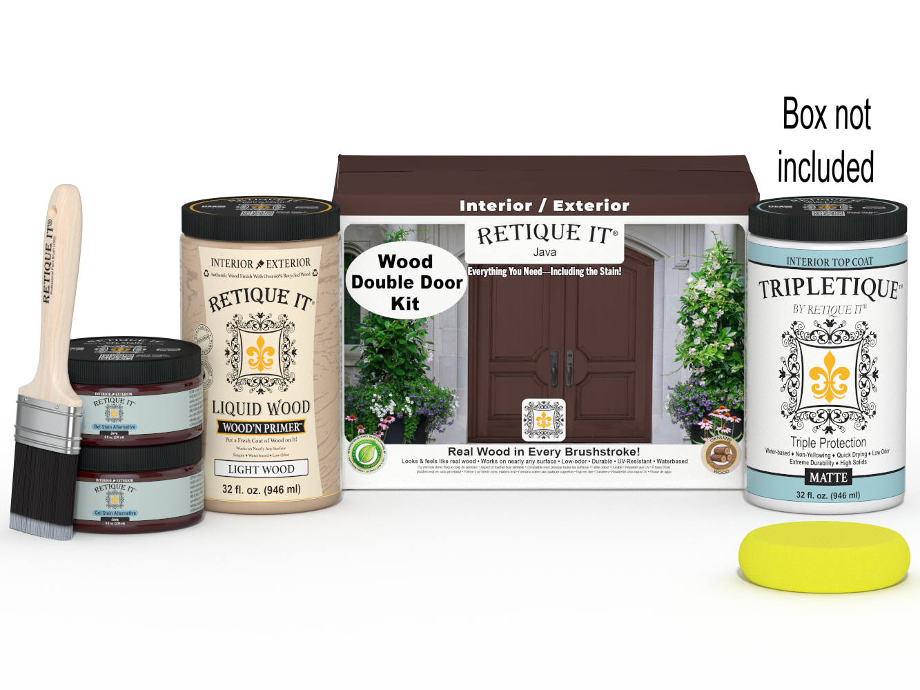 Retique It Wood'n Door Java stain kit for double doors, featuring smooth finish and stain application tools.