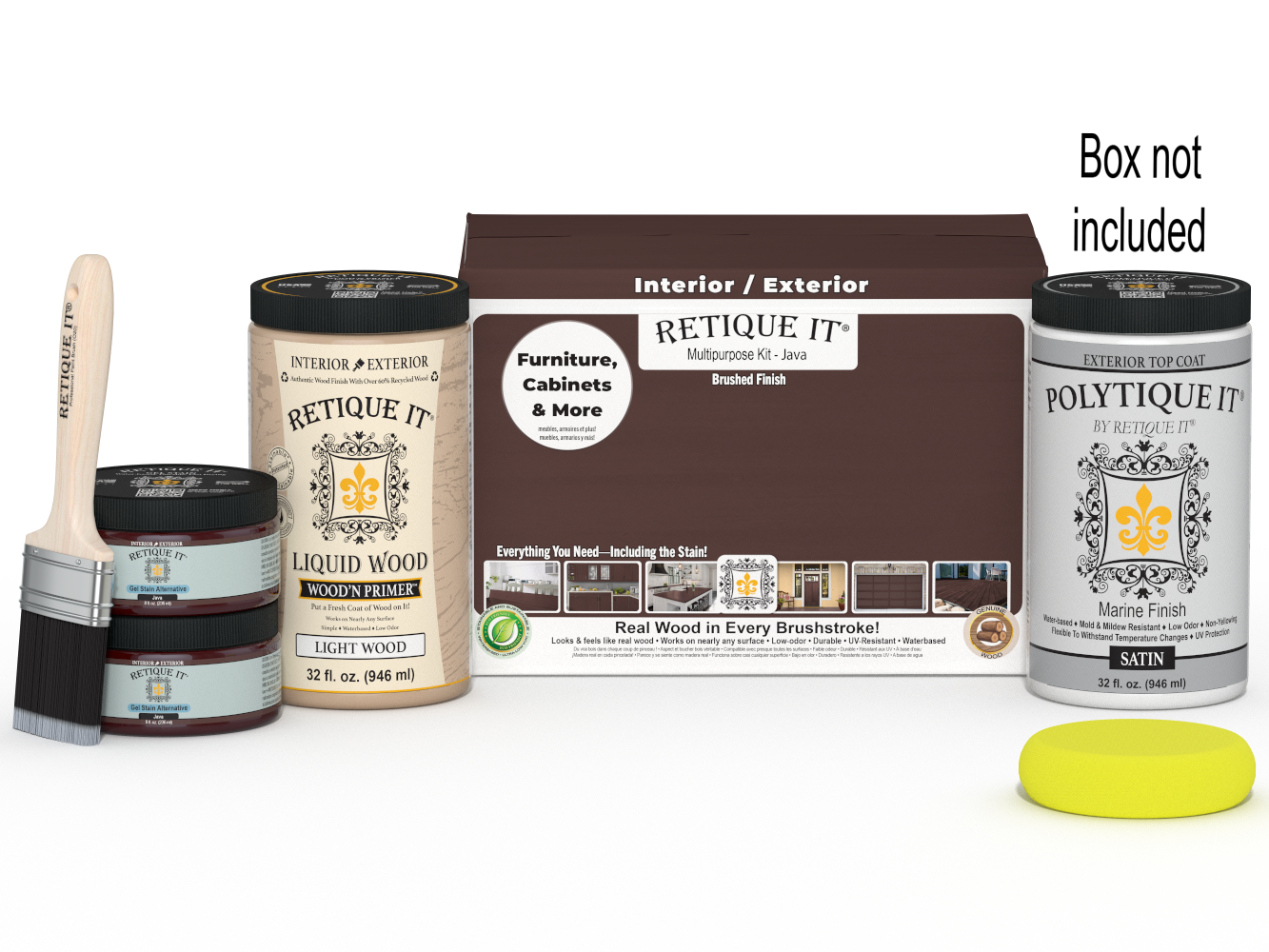 Retique It® Large Java satin exterior wood finish kit with smooth finish, includes top coat, ideal for outdoor wood projects.