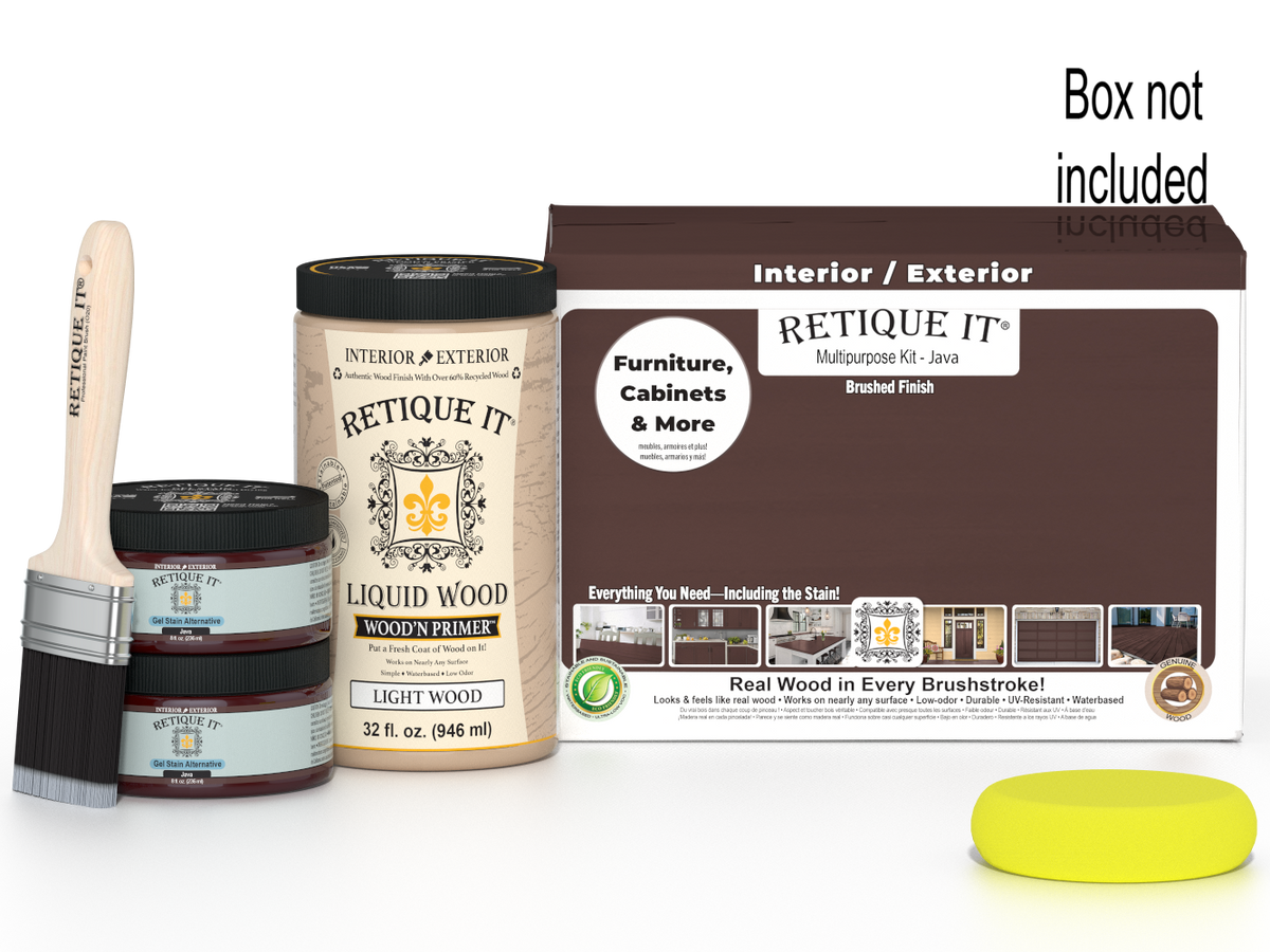 Large Java wood finish kit from Retique It® with smooth finish, including tools and products for multi-purpose wood finishing.
