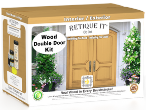 Retique It Wood'n Door smooth finish kit for double doors in Old Oak stain, showcasing the natural wood grain and finish detail.