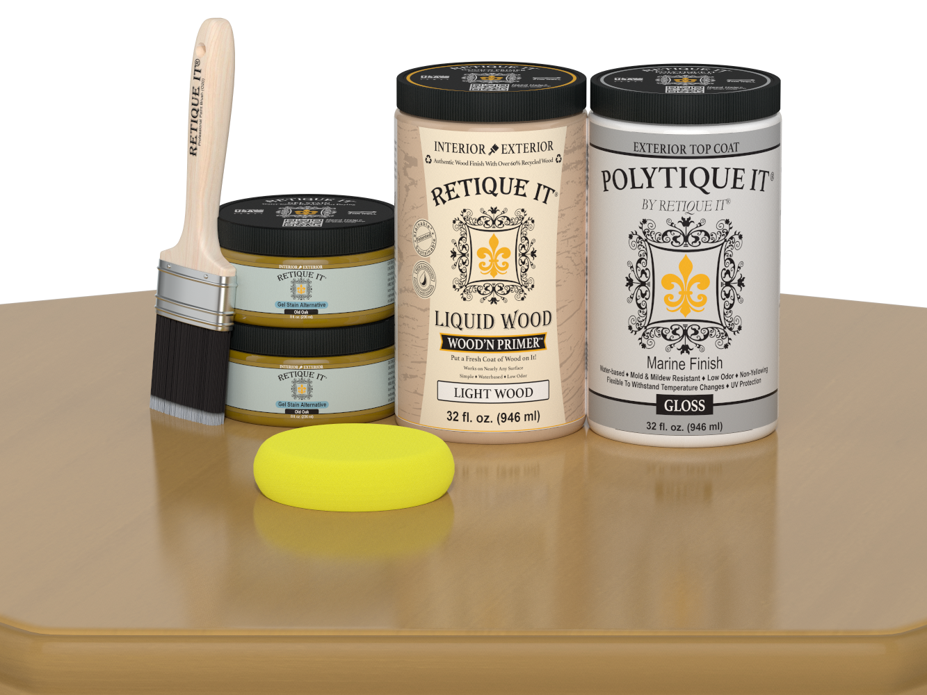 Retique It Wood'n Door smooth finish kit for double doors in Old Oak stain, showing a glossy wooden door sample.