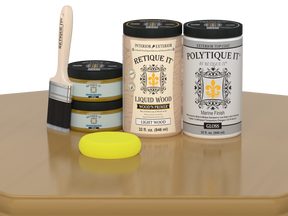 Retique It Wood'n Door smooth finish kit for double doors in Old Oak stain, showing a glossy wooden door sample.