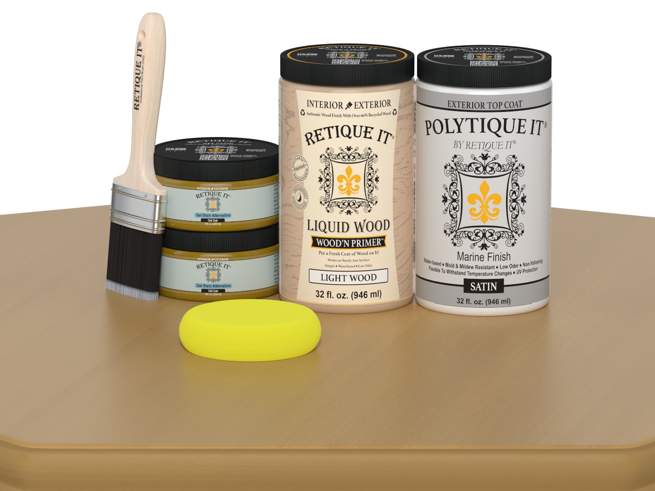 Retique It Wood'n Door smooth finish kit for double doors in Old Oak stain, featuring satin wood stain and application tools.