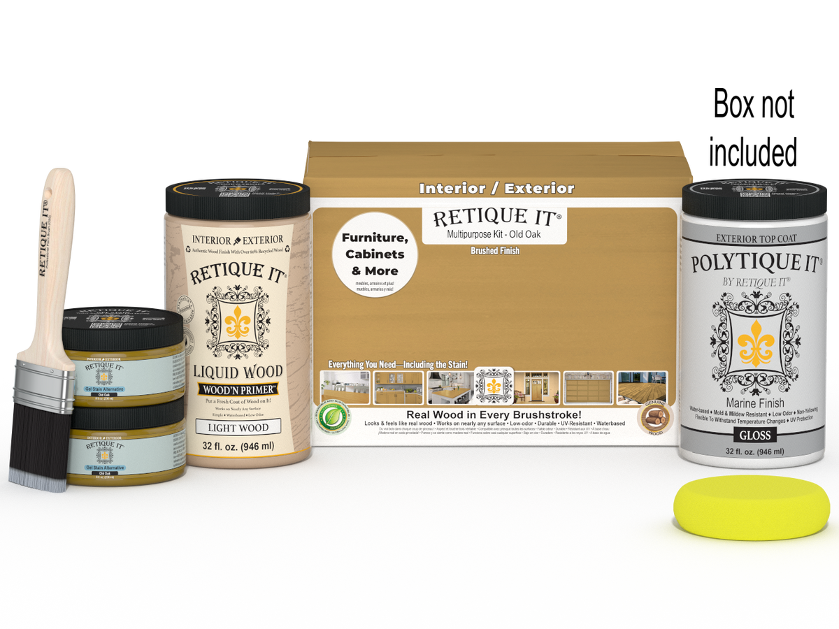 Retique It Multi-purpose Smooth Finish Kit in Old Oak for exterior top coat, large size with gloss finish, includes application tools