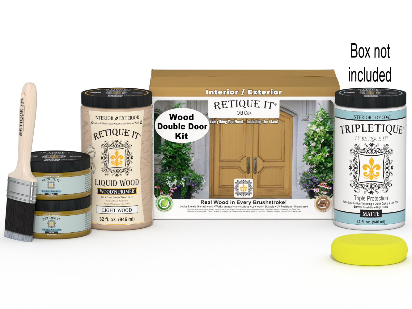 Retique It Wood'n Door smooth finish kit for double doors in Old Oak stain, featuring stain and finish components for wood doors.