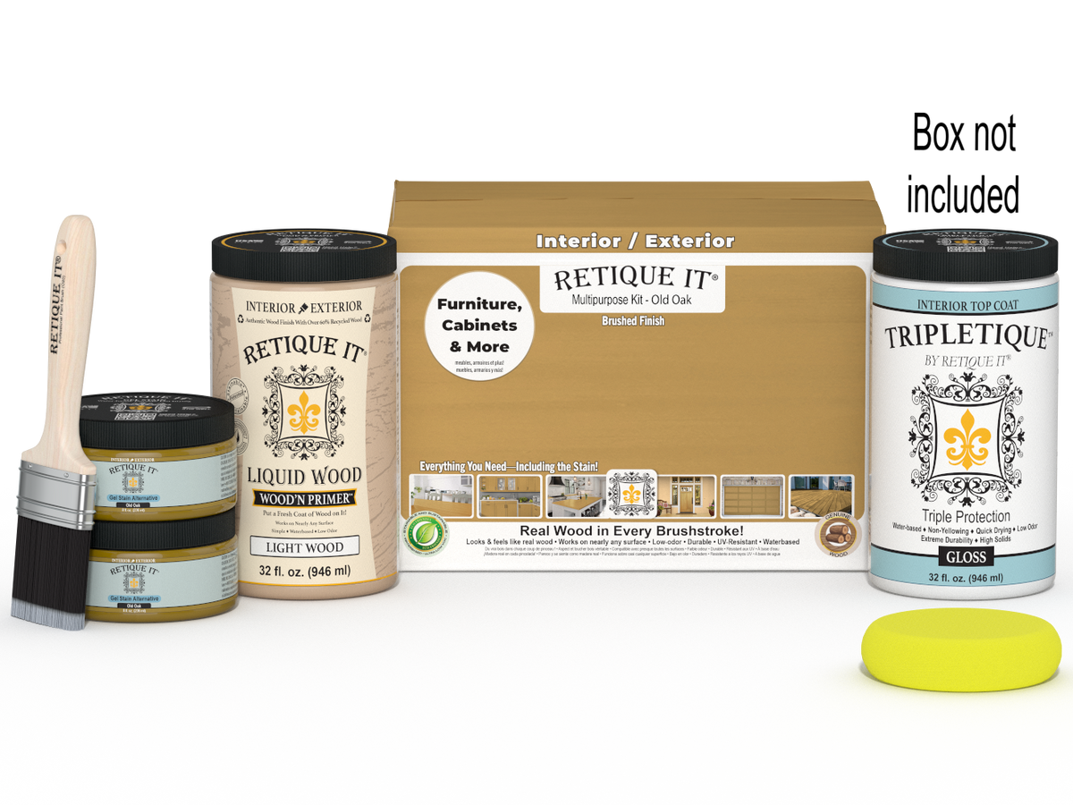 Large Old Oak wood finish kit with gloss top coat from Retique It's Wood'n Finish Kits, including brushes and supplies in a box.