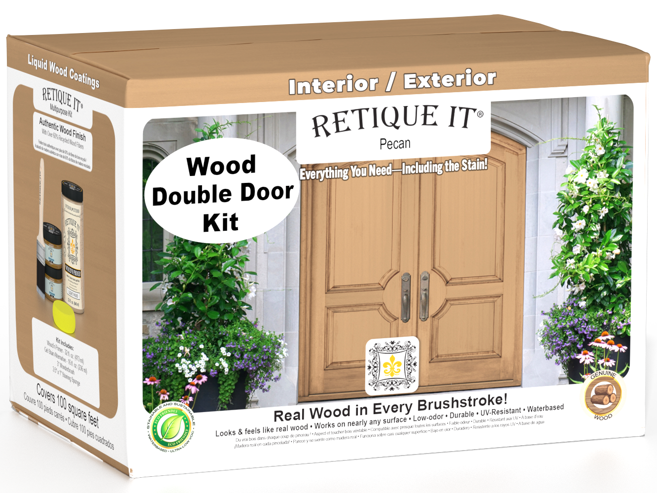 Retique It Wood'n Door smooth finish kit for double doors in Pecan stain, featuring natural wood grain and sleek surface.