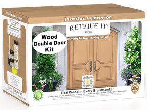 Retique It Wood'n Door smooth finish kit for double doors in Pecan stain, featuring natural wood grain and sleek surface.